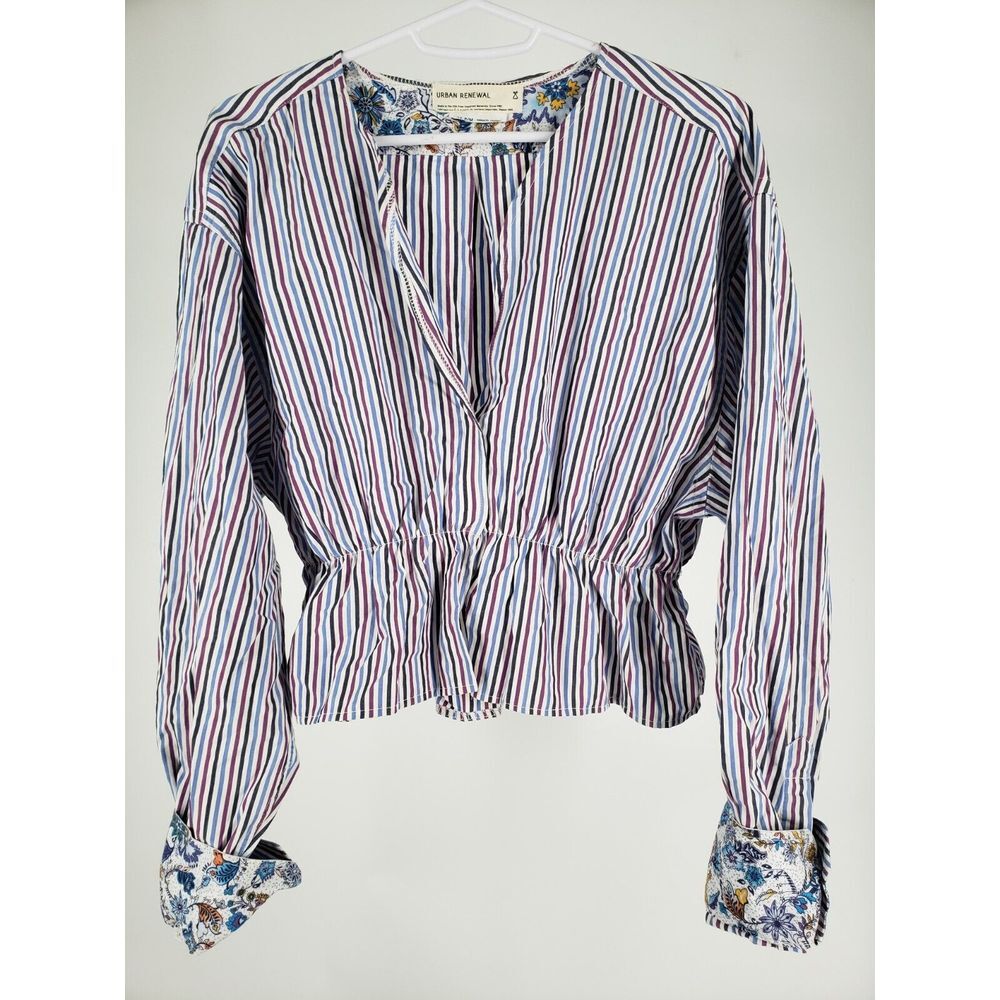 Urban Renewal Upcycled Ruffle Cropped Blouse Top Striped Peplum Size S Flip Cuff - Picture 2 of 8